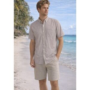 Reef Men's Vacation Lightweight Short Sleeve Cotton Checkered Shirt Gray EUC